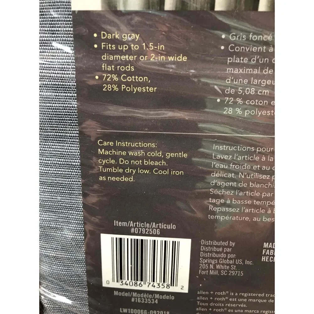 NWT Allen + Roth Dark Gray Linen Look Back Tab Panel 42X84